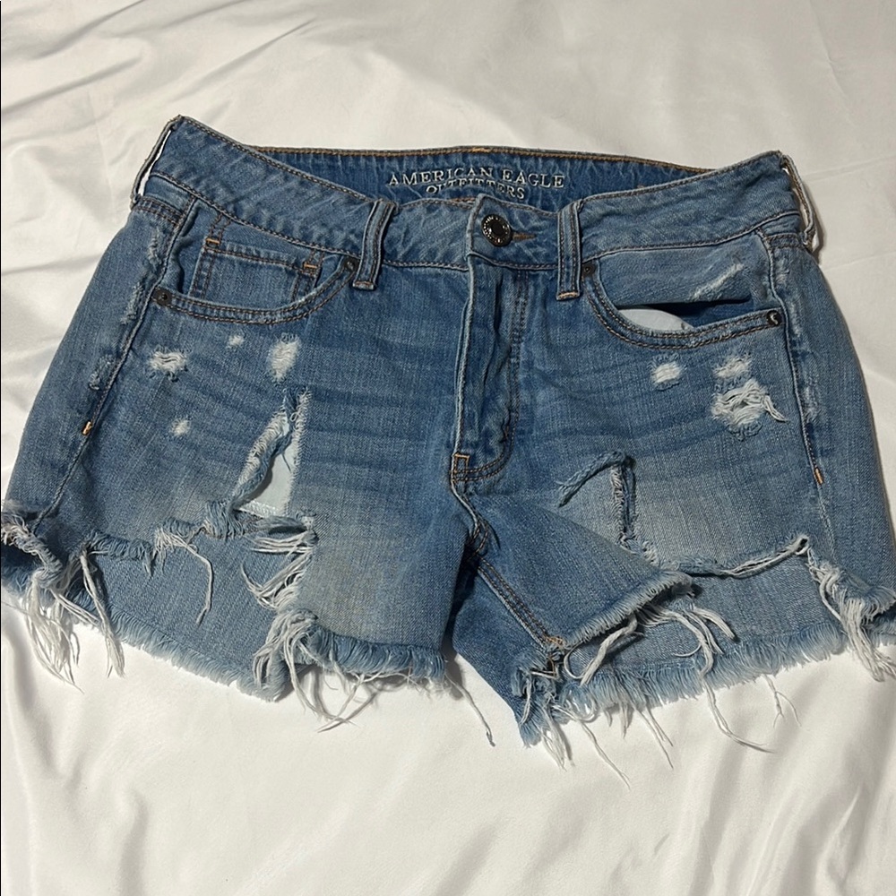 American Eagle Outfitters Blue Distressed Jean Shorts